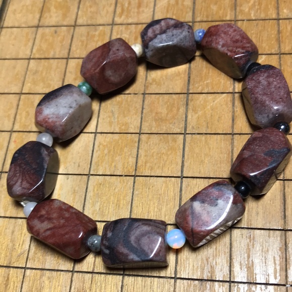 Semiprecious Mix Stone Bracelet 7”L Elastic Jasper w Lapis Lazuli Onyx Opal Etc. - Picture 7 of 8